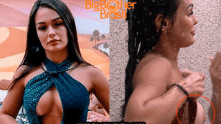 Larissa Santos, participante do BBB23, é flagrada exibindo as teta durante banho