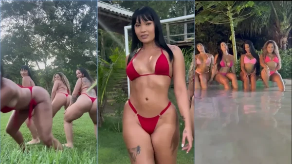 Lina Nakamura e suas amigas de biquíni se mostrando lindonas à beira da piscina