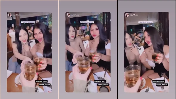 Praew Asian e suas amigas se divertindo com umas bebidinhas no restaurante